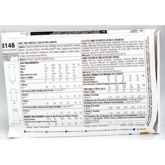 Simplicity Pattern 8148 Sz US 8-18 Girls Knit Dresses 2 Lengths Clothes Uncut - Picture 2 of 2